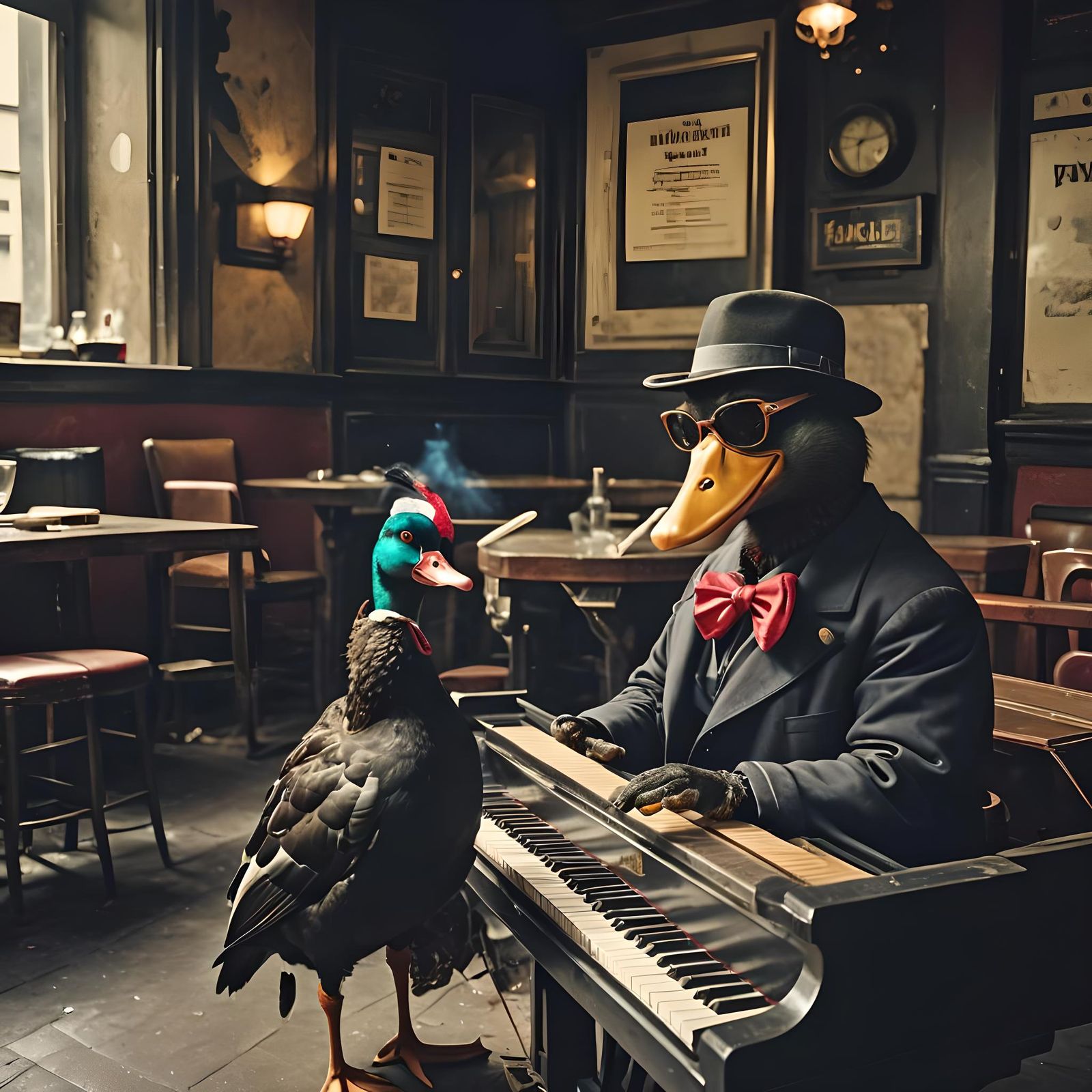 Duck Plays Piano in Paris Bar: Cinematic Film Still