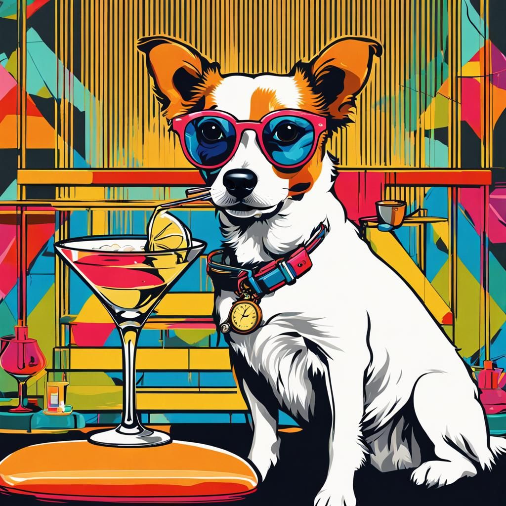 Elegant Dog Drinks Martini, Pop Art Style