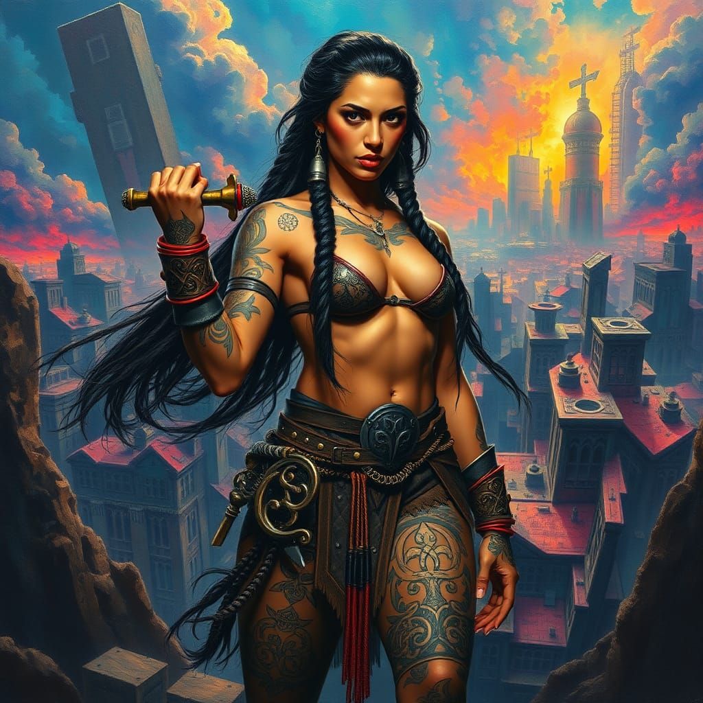 Latina Warrioress in Dystopian Cityscape, Hyperdetailed Wate...