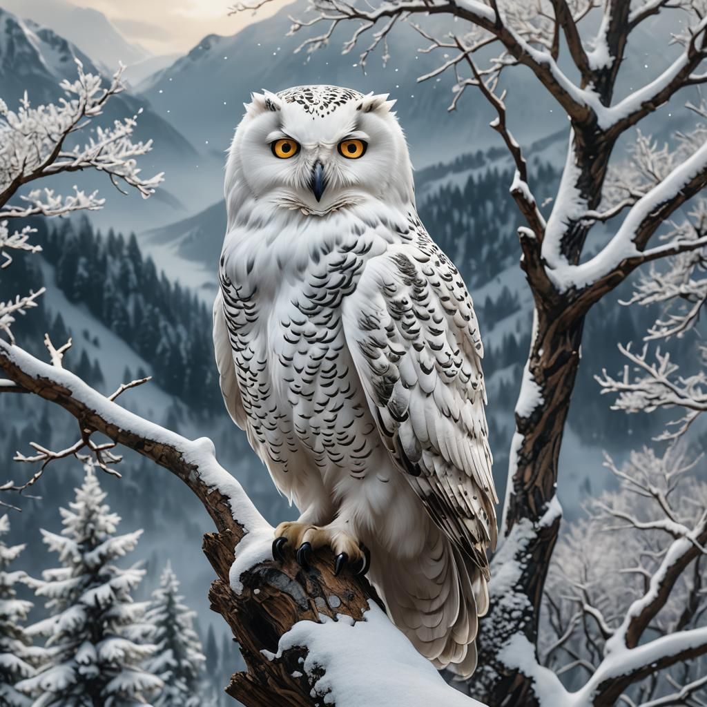 Majestic Snow Owl in Snowy Mountain Landscape