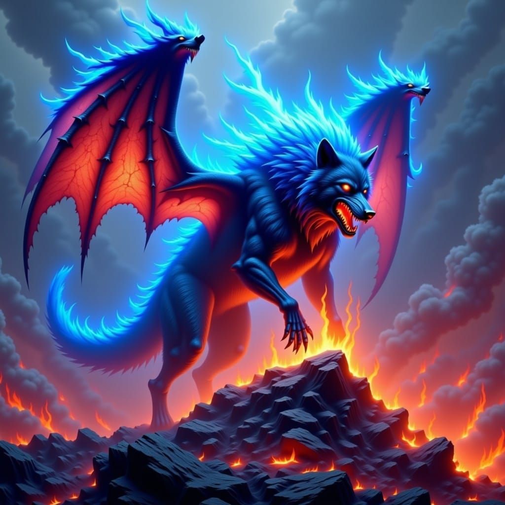 Majestic Werewolf with Blazing Blue-Fire Demon Wings in Dark...