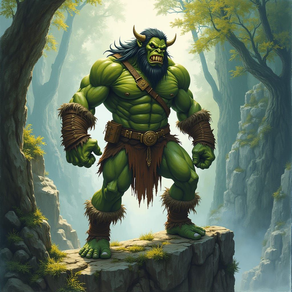 Green-Skinned Ork Warrior Amidst Ancient Forest