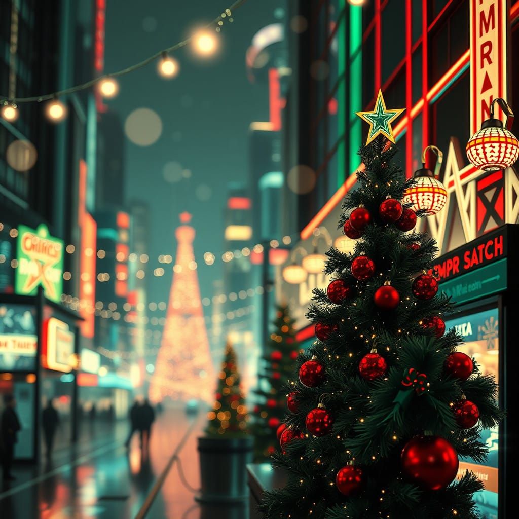 Futuristic Christmas Celebration in Vibrant Art Deco Style