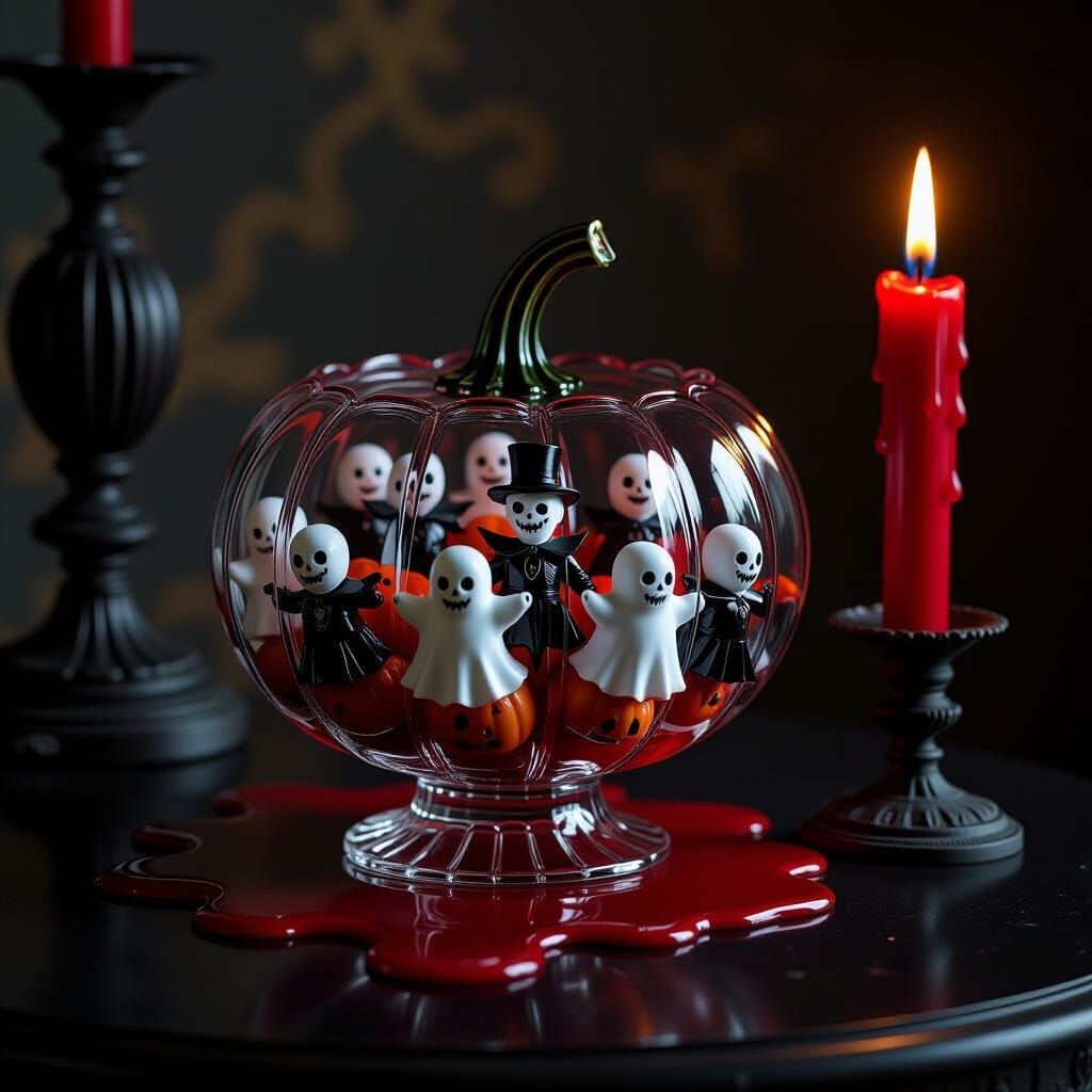 Glass Pumpkin Bowl with Miniature Halloween Figures
