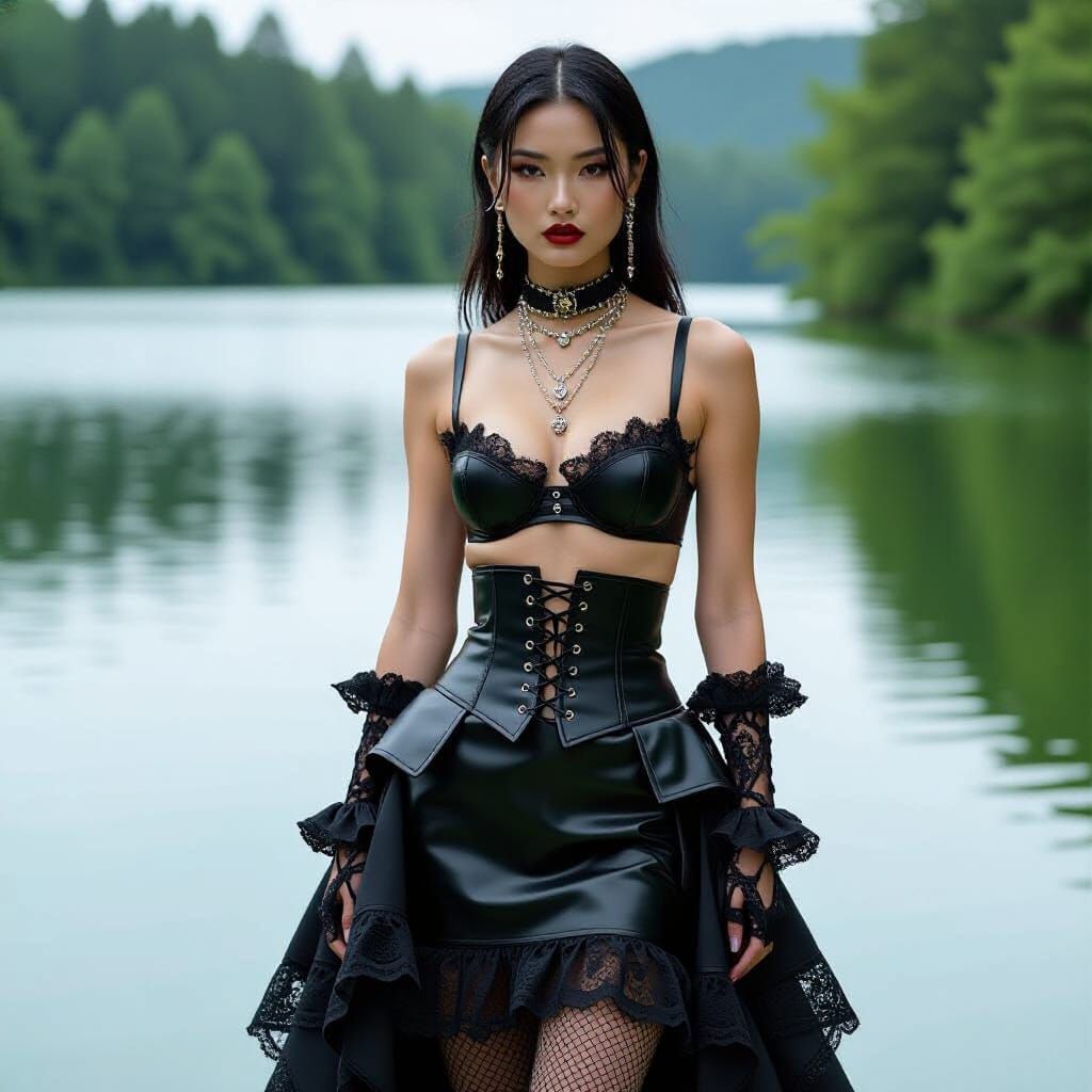 Gothic Couture: Asian Woman in Leather and Lace