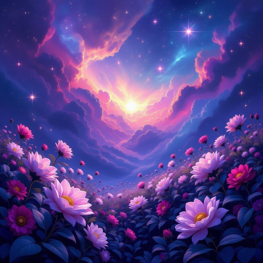 Cosmic Garden With Blooming Stars and Swirling Nebulae