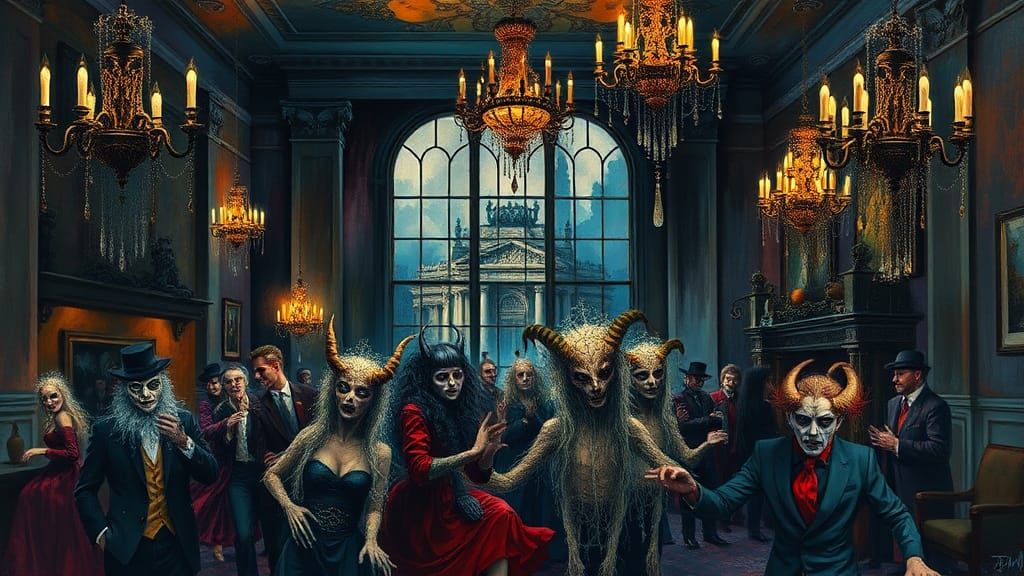 Eerie Masquerade Ball in Gothic Haunted Mansion