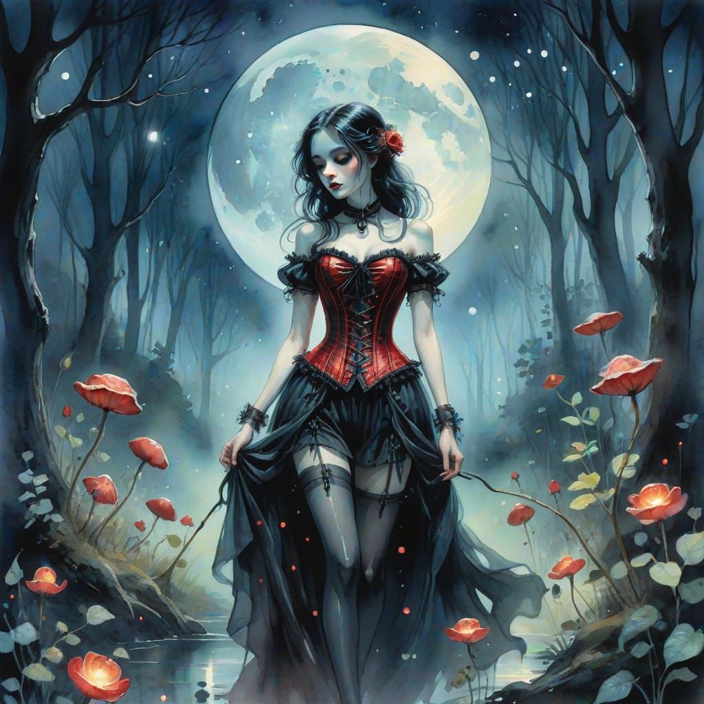 Gothic Beauty in Bioluminescent Forest, Watercolour Art
