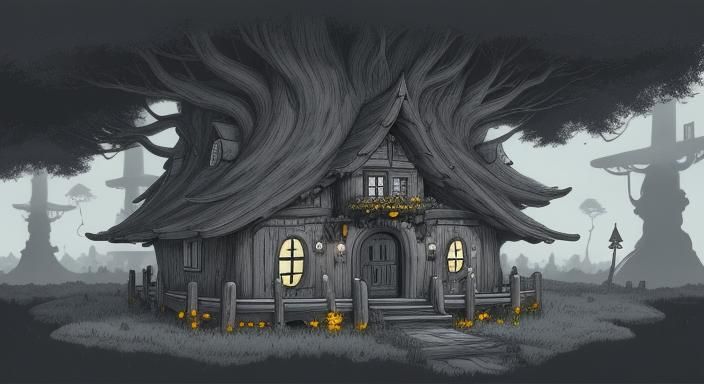 Ghibli-Style Black and White Cartoon Witch's Treehouses