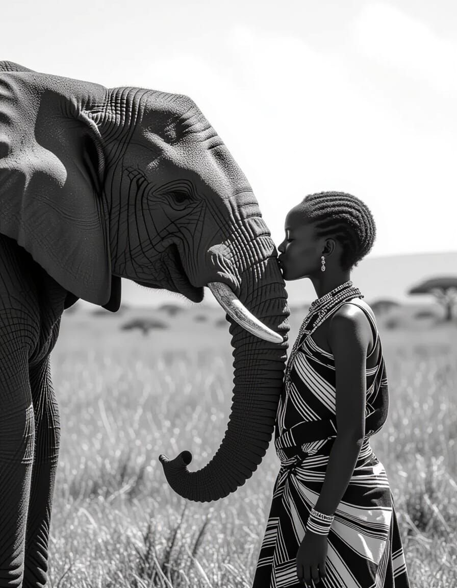 Maasai Girl Kisses Elephant in Black and White Documentary P...