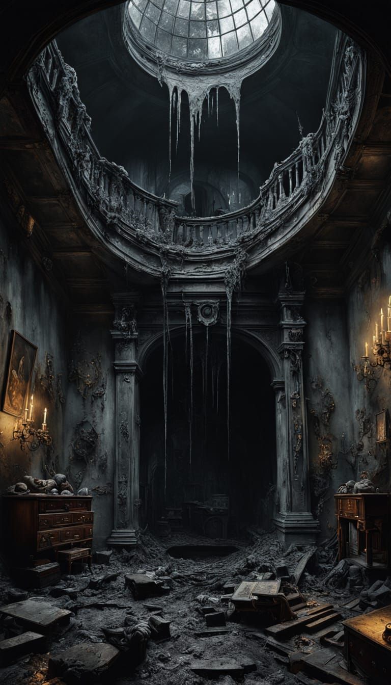 Surrealist Oil Painting of Concrete Pit Devouring Furniture