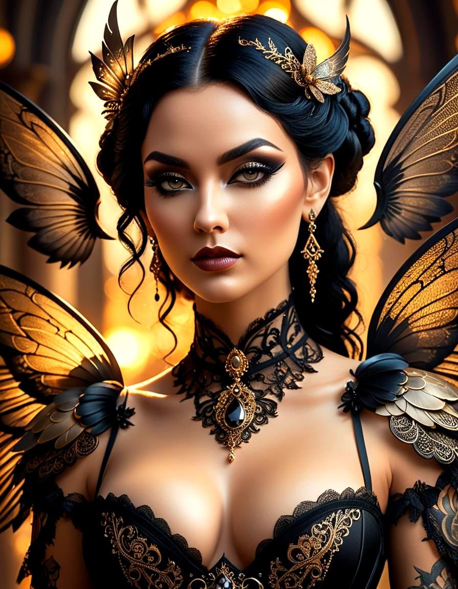 Gothic Fairy Woman with Wings, Digital Illustration
