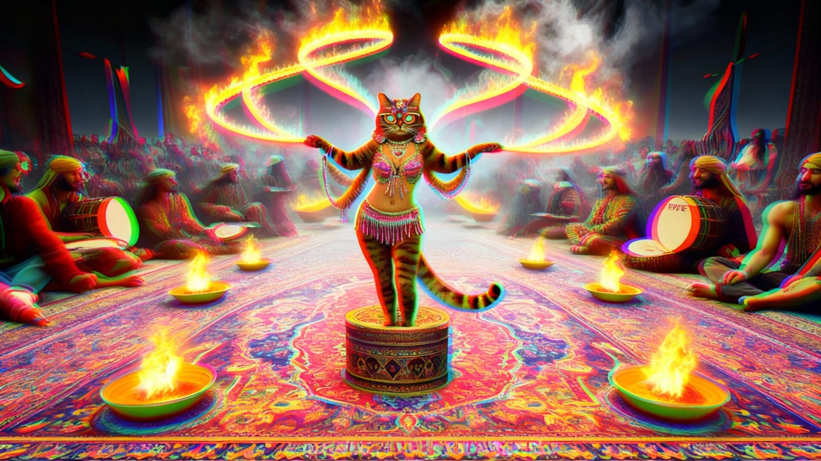 Psychedelic Festival Scene with Cat Dancer on Magic Carpet
