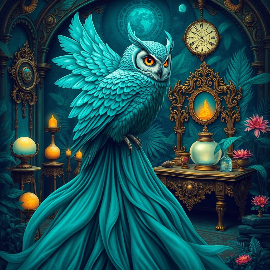 Regal Turquoise Owl in Dreamlike Blue-Green Hues