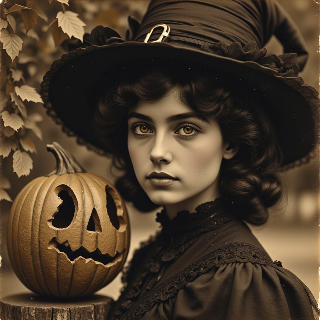 Vintage Halloween Portrait of a Witch with Jack-o'-Lantern