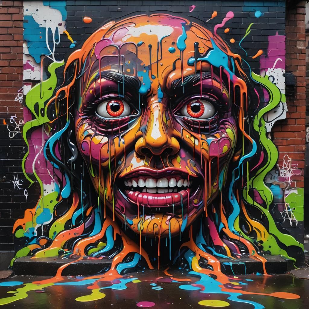 Surreal Melting Face Graffiti Art in Urban Alleyway