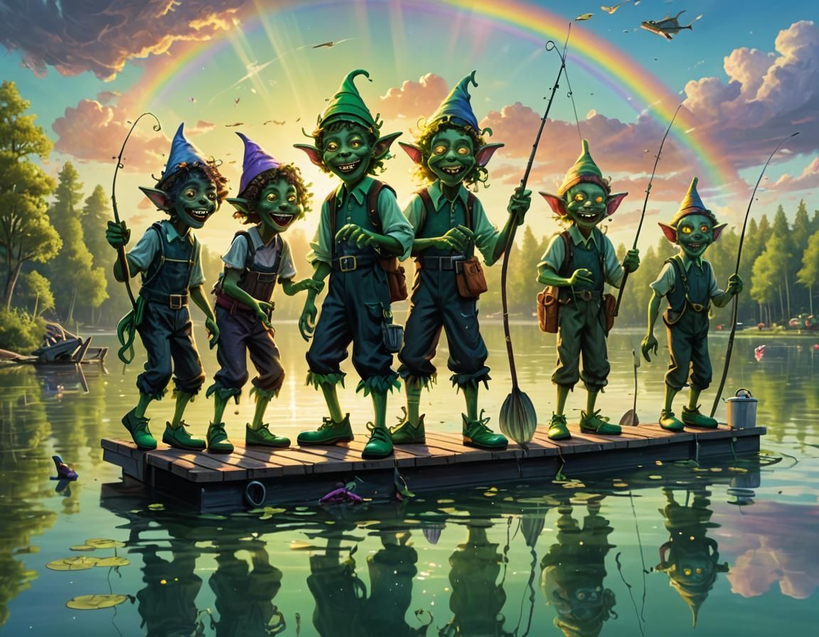 Whimsical Zombie Elves Fishing on a Lake