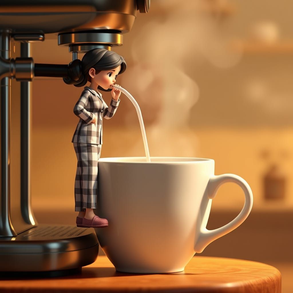 Woman Drinks Espresso on Giant Coffee Cup, 3D Illustration