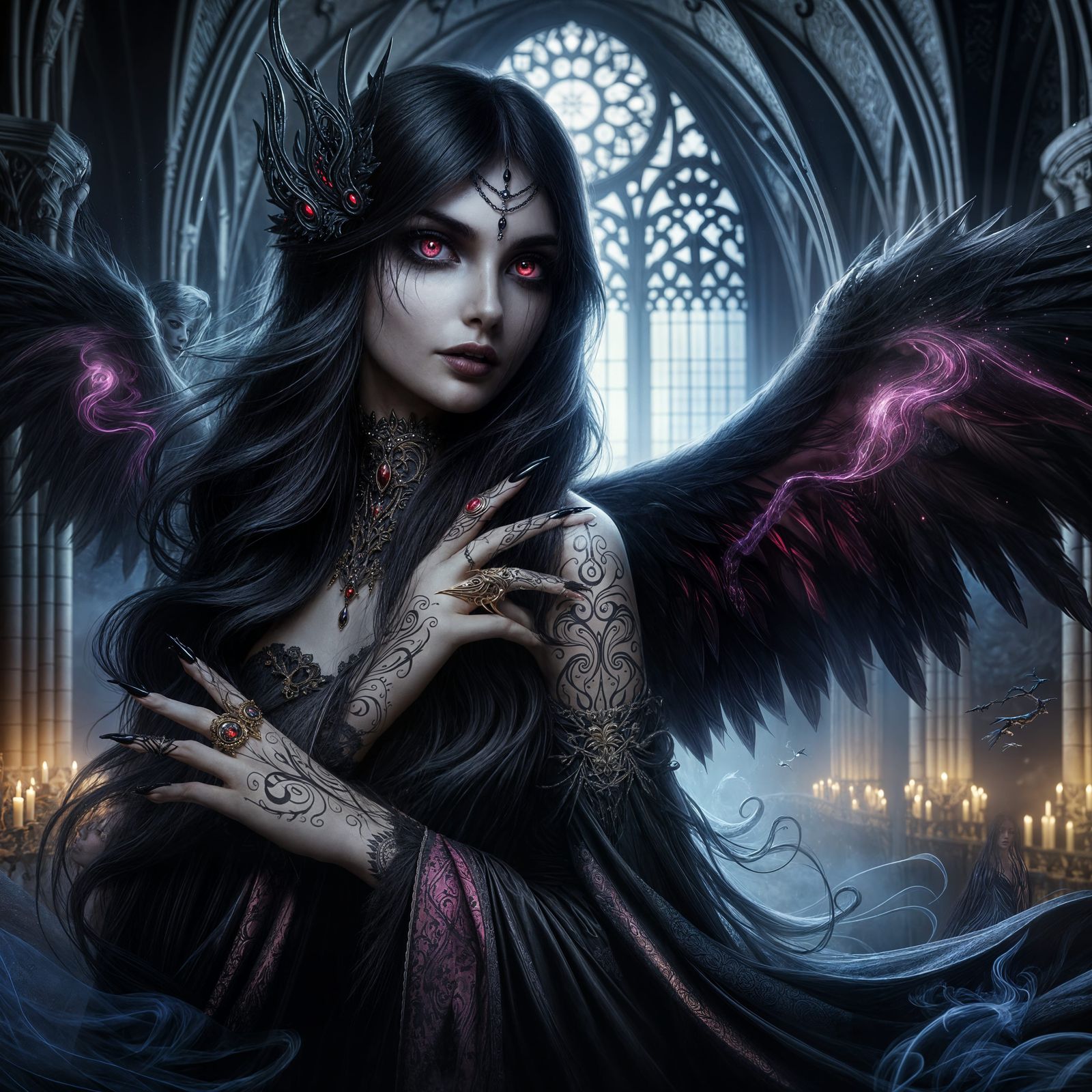 Gothic Demon Queen in Moonlit Cathedral