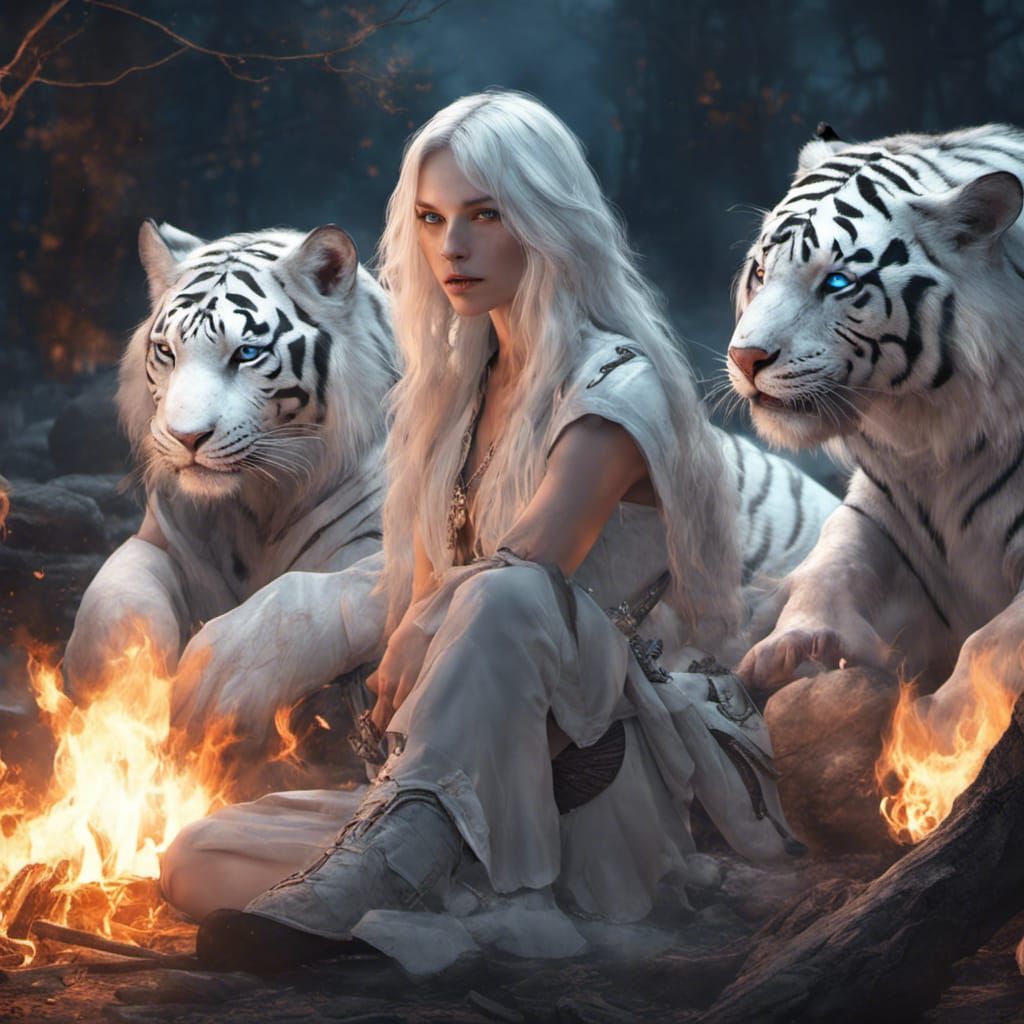 Midnight Campfire with White-Haired Woman and Tigers