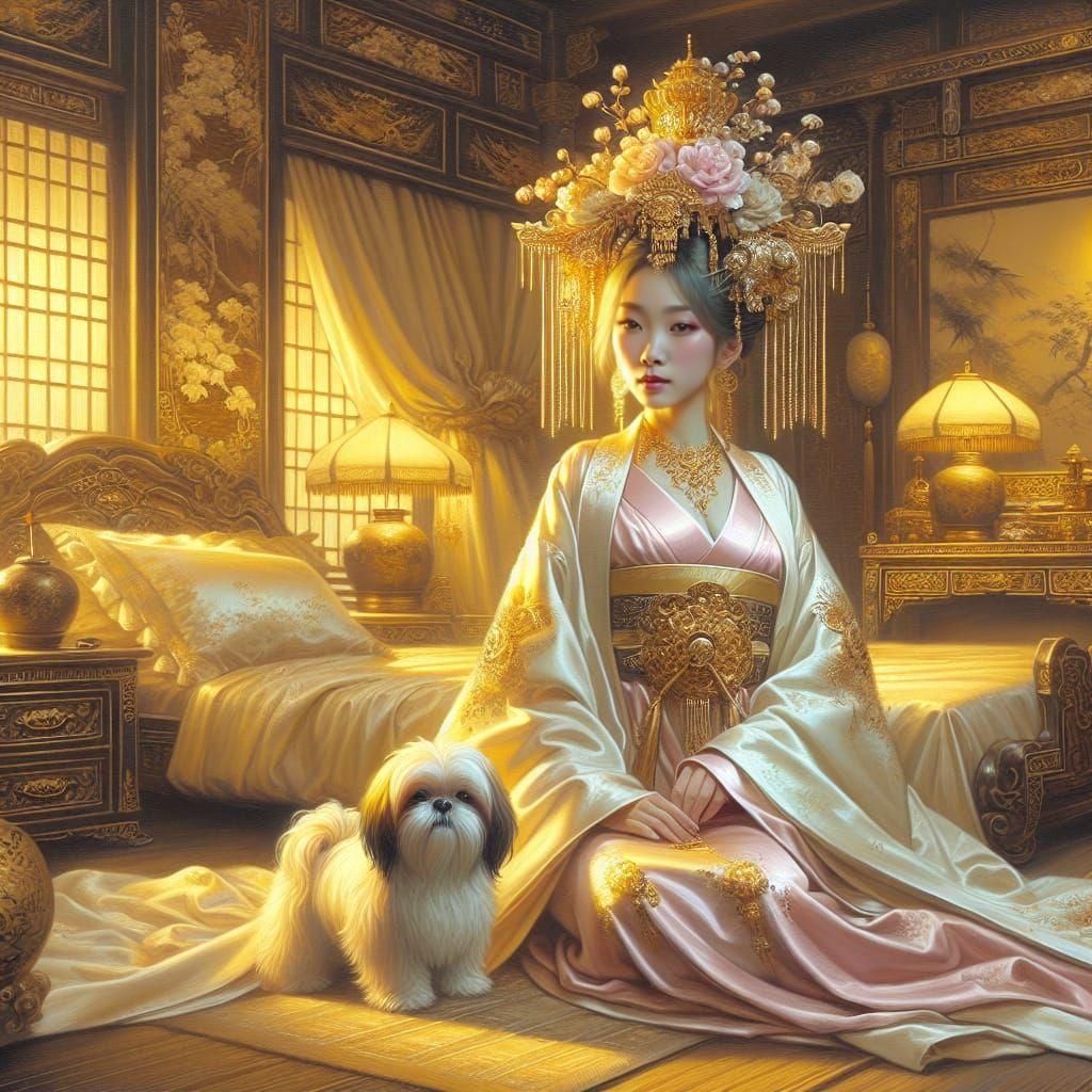 Elegant Chinese Courtesan in Golden Light: Matte Painting