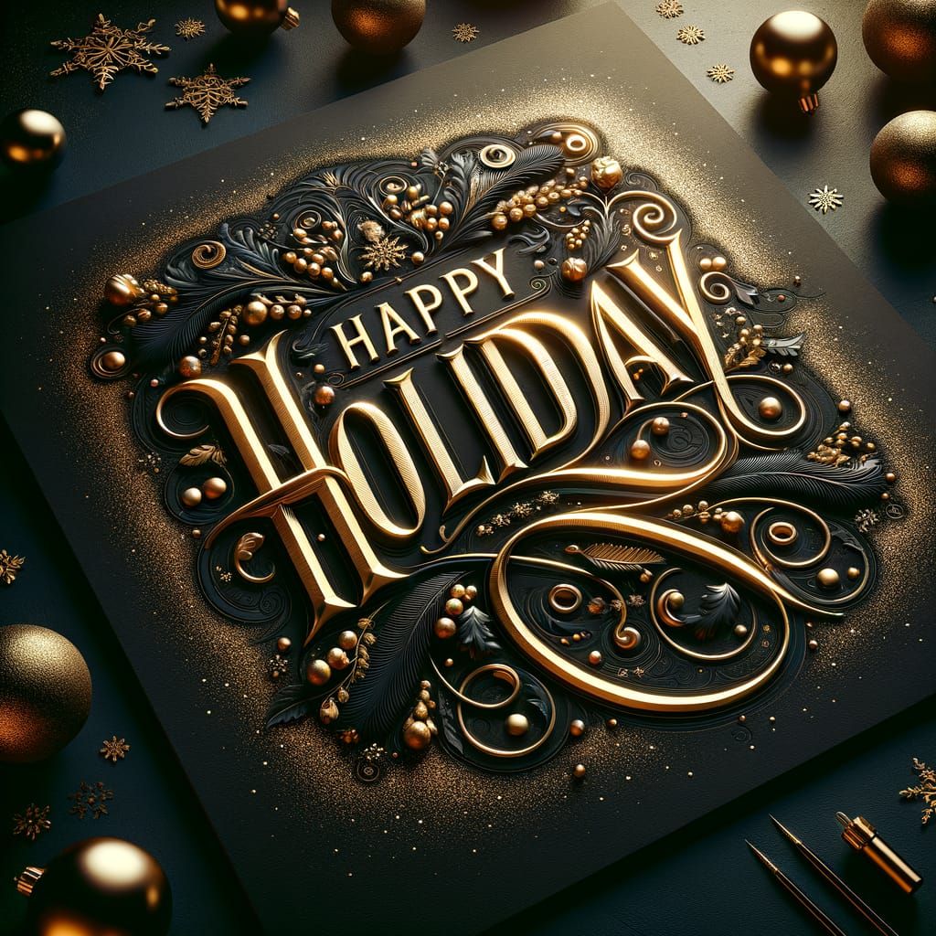 Elegant Golden Holiday Calligraphy on Navy with Glitter