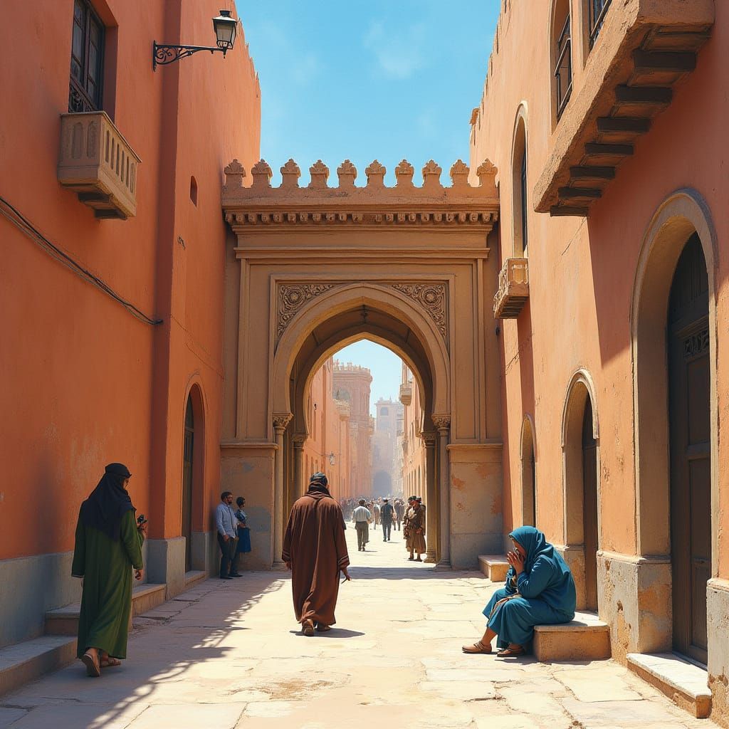 Moroccan Street Scene Watercolor Painting with Ornate Archwa...