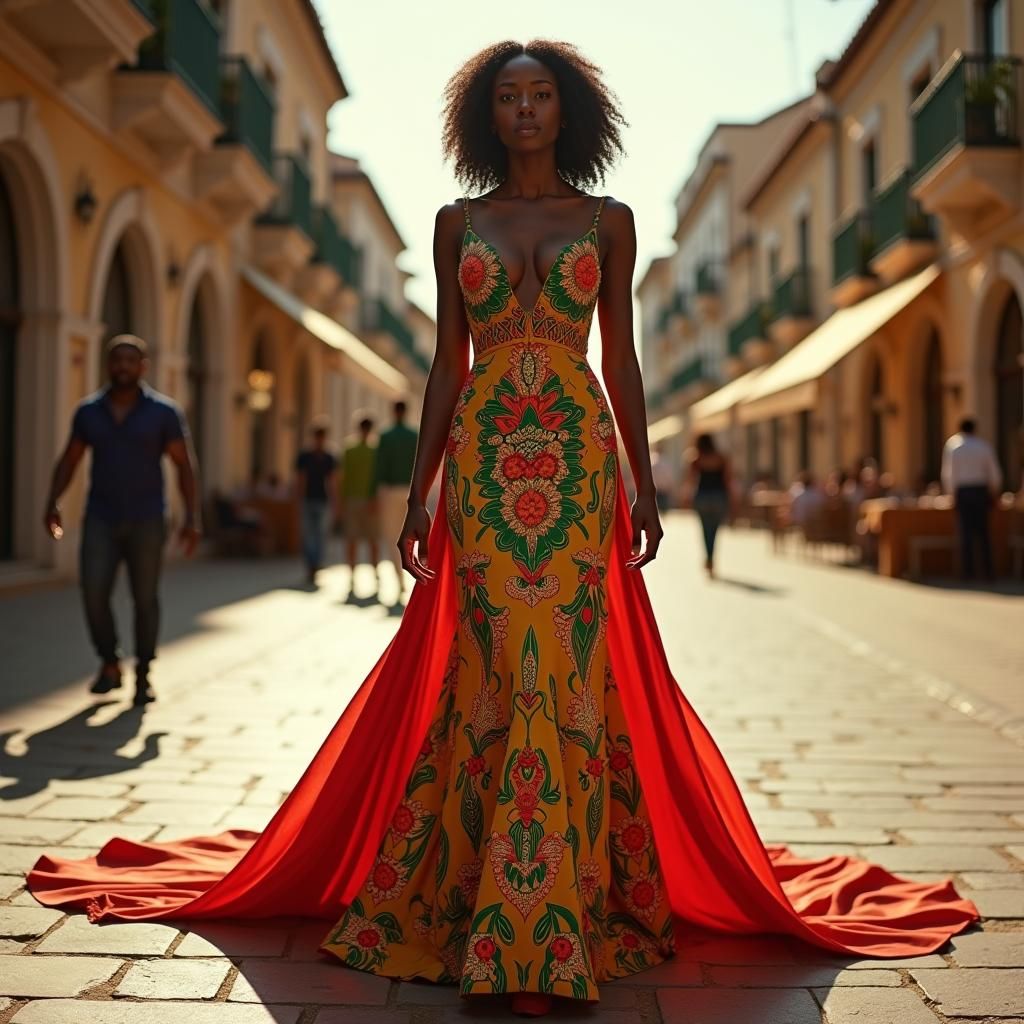 Woman in Afrofuturist Gown in Old City Square