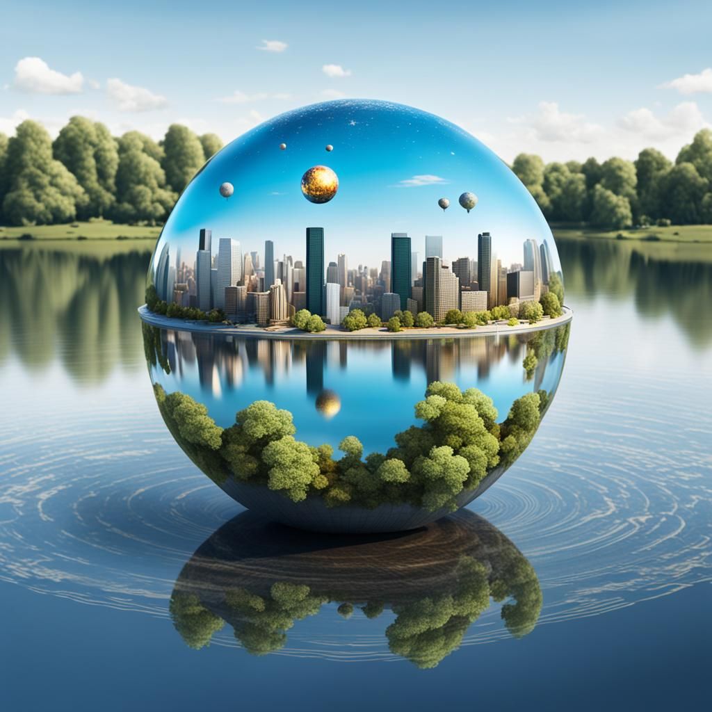 Orb Containing a Detailed Mega-City on Lake