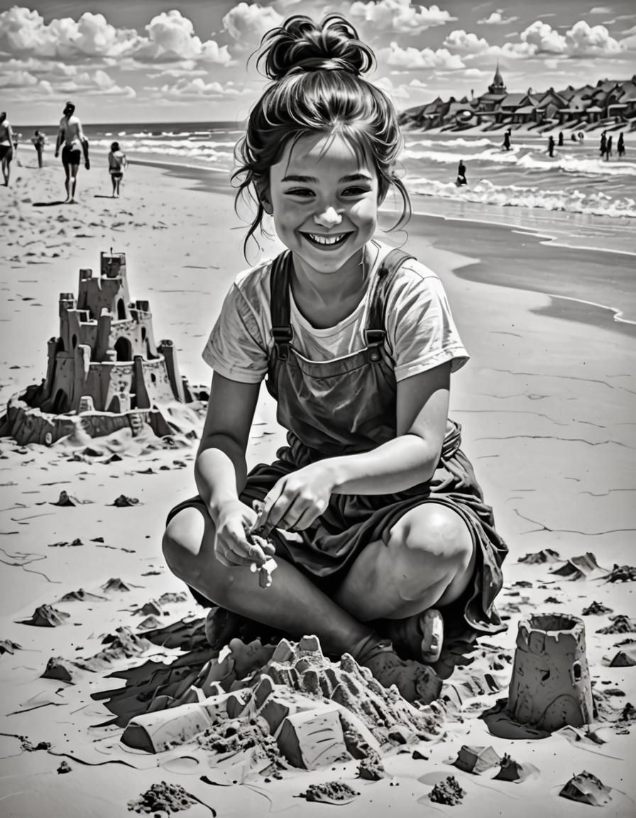 Black & white portrait, little girl on the beach ...