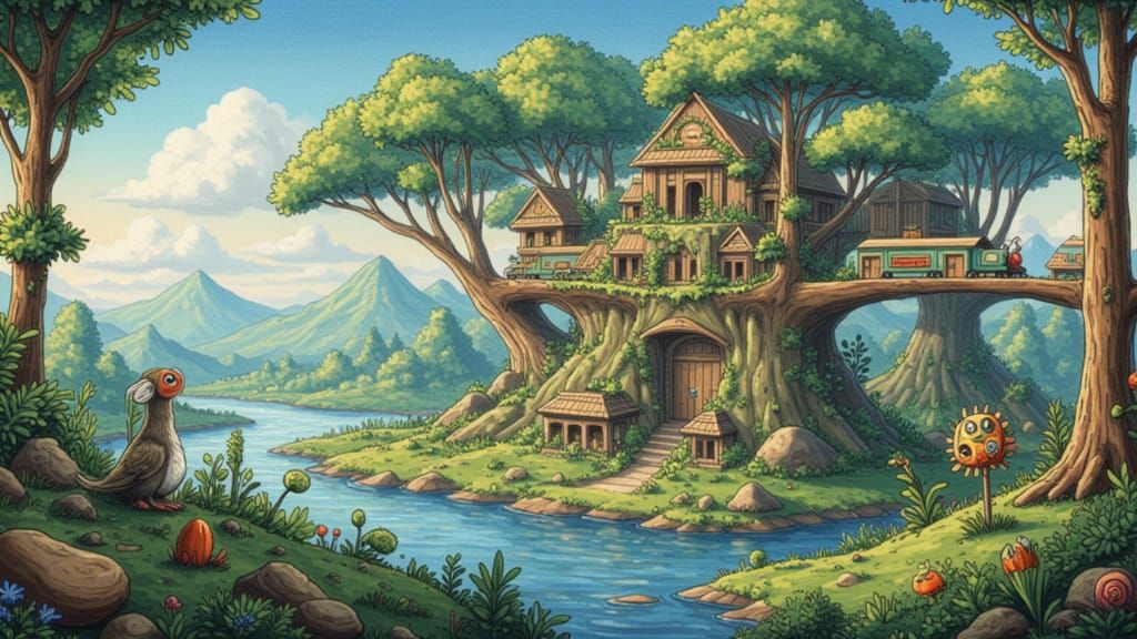 Futuristic Civilization on Gigantic Tree in Art Nouveau Styl...