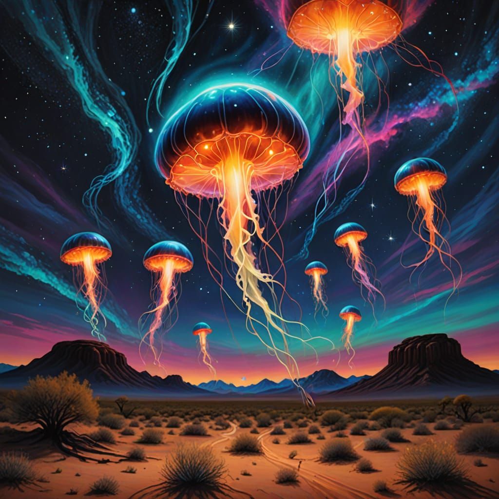 Ethereal Alien Jellyfish Blazes Across Desert Sky in Vibrant...