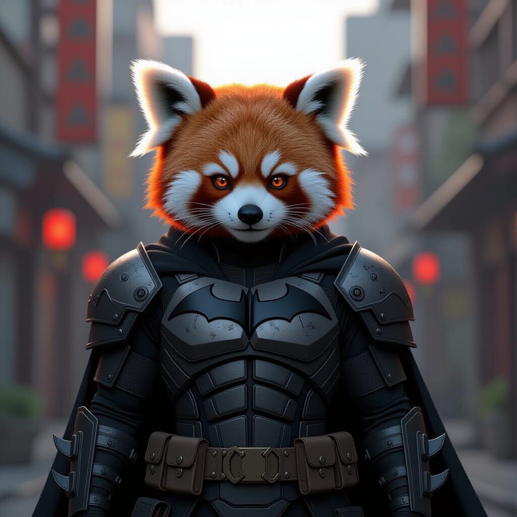 Red Panda Hero in Dark Armor: 3D Anime Style