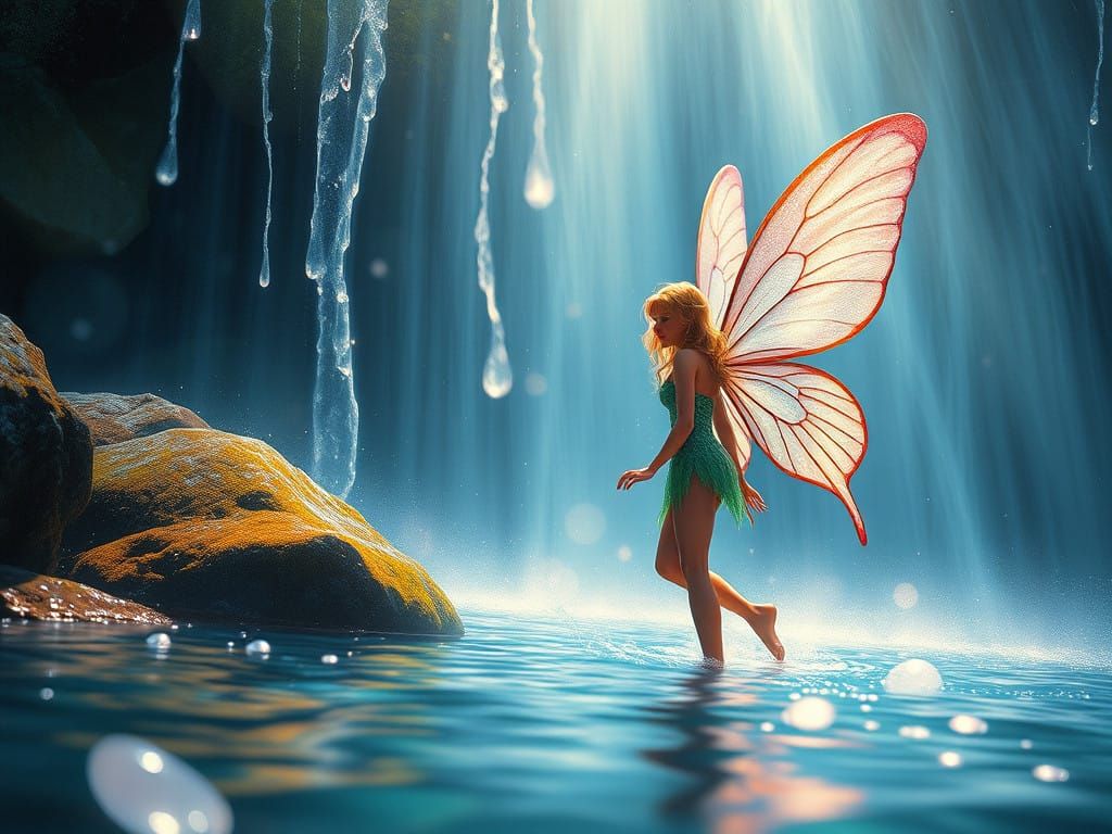 Realistic Water Fairy in a Radiant Waterfall Scene