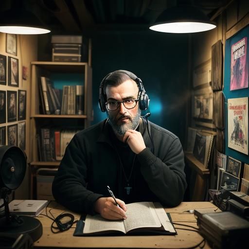 Man Broadcasting About UFOs in a Cinematic Film Still