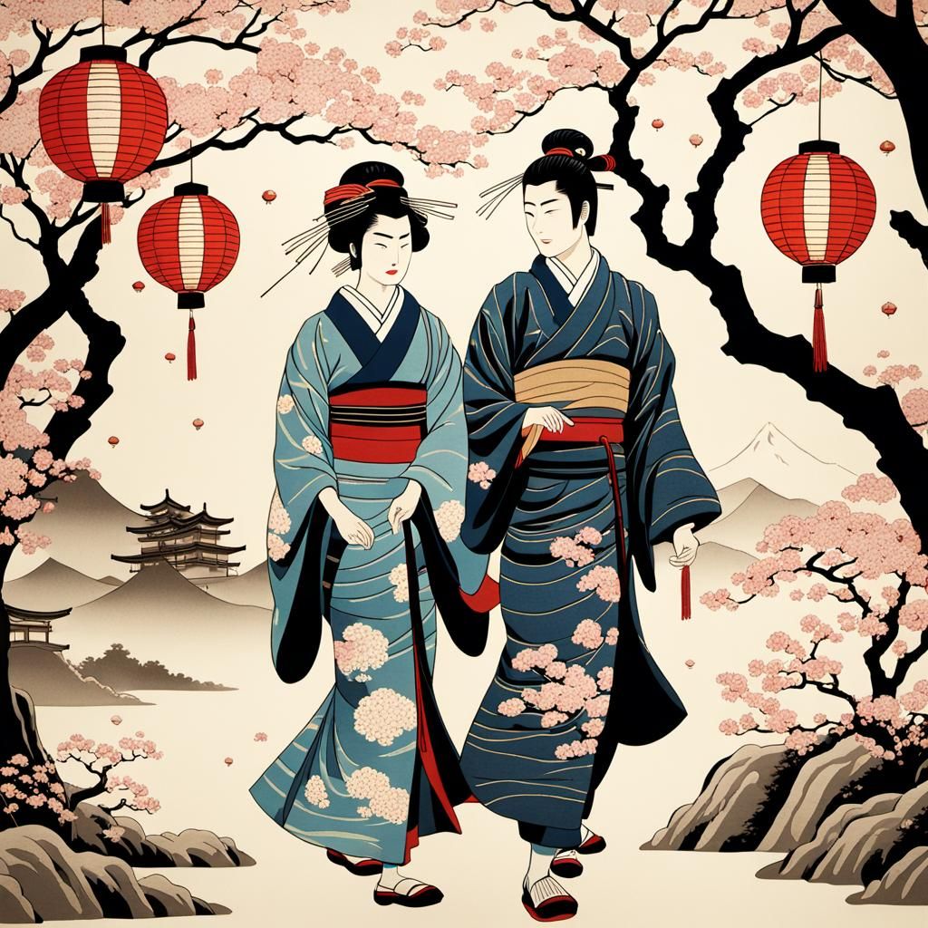 Samurai and Geisha in Ukiyo-e Garden
