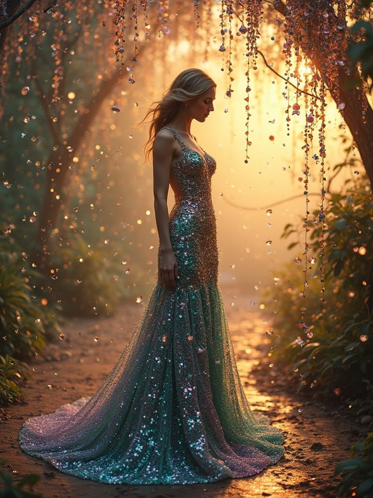 Woman in Whimsical Sequined Dreamscape Illuminated by Golden...