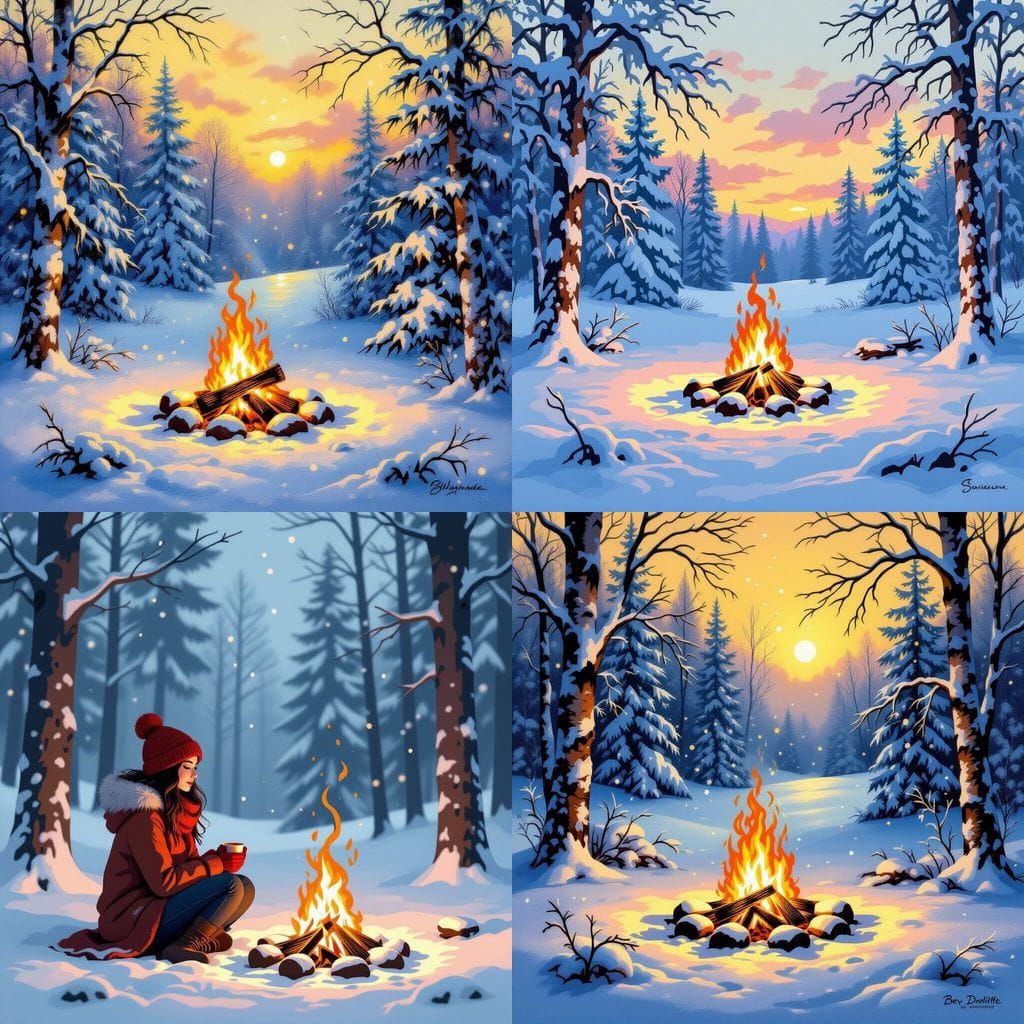 Cozy Campfire in Snowy Winter Landscape