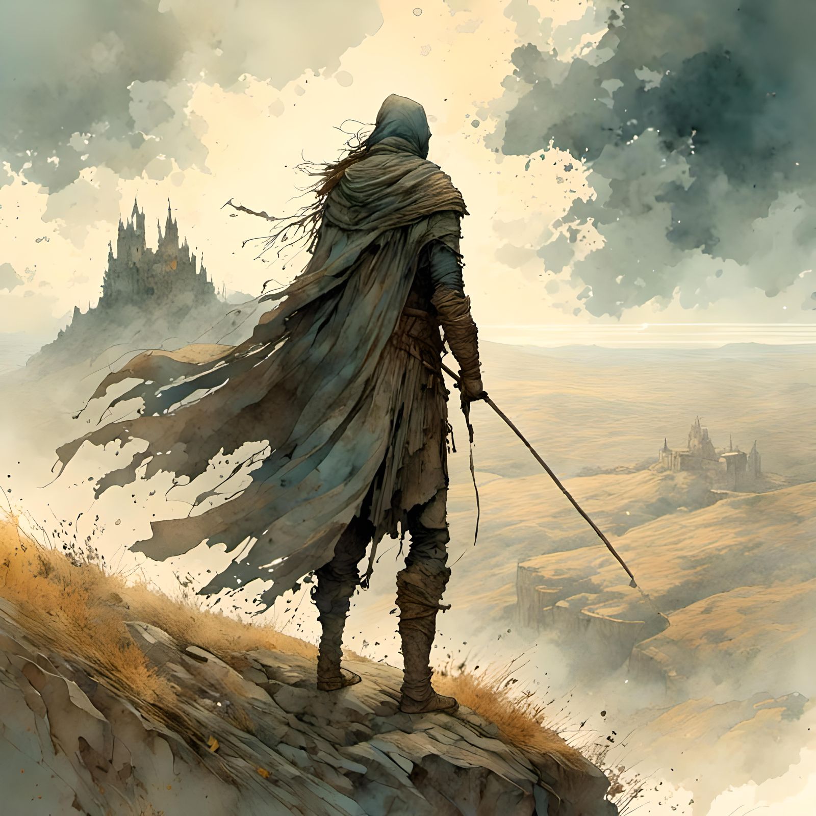 Ranger on Windswept Hill Surveys Distant Fortress