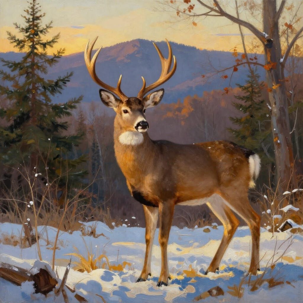 Whitetail Deer in Golden Hour Appalachian Landscape Oil Pain...