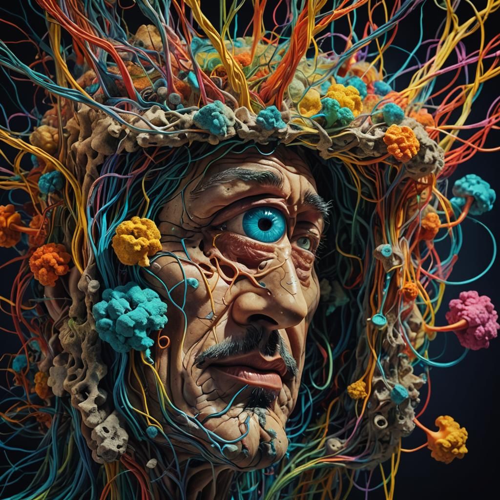 Surreal Face with Fungal Growths in Vivid Colors