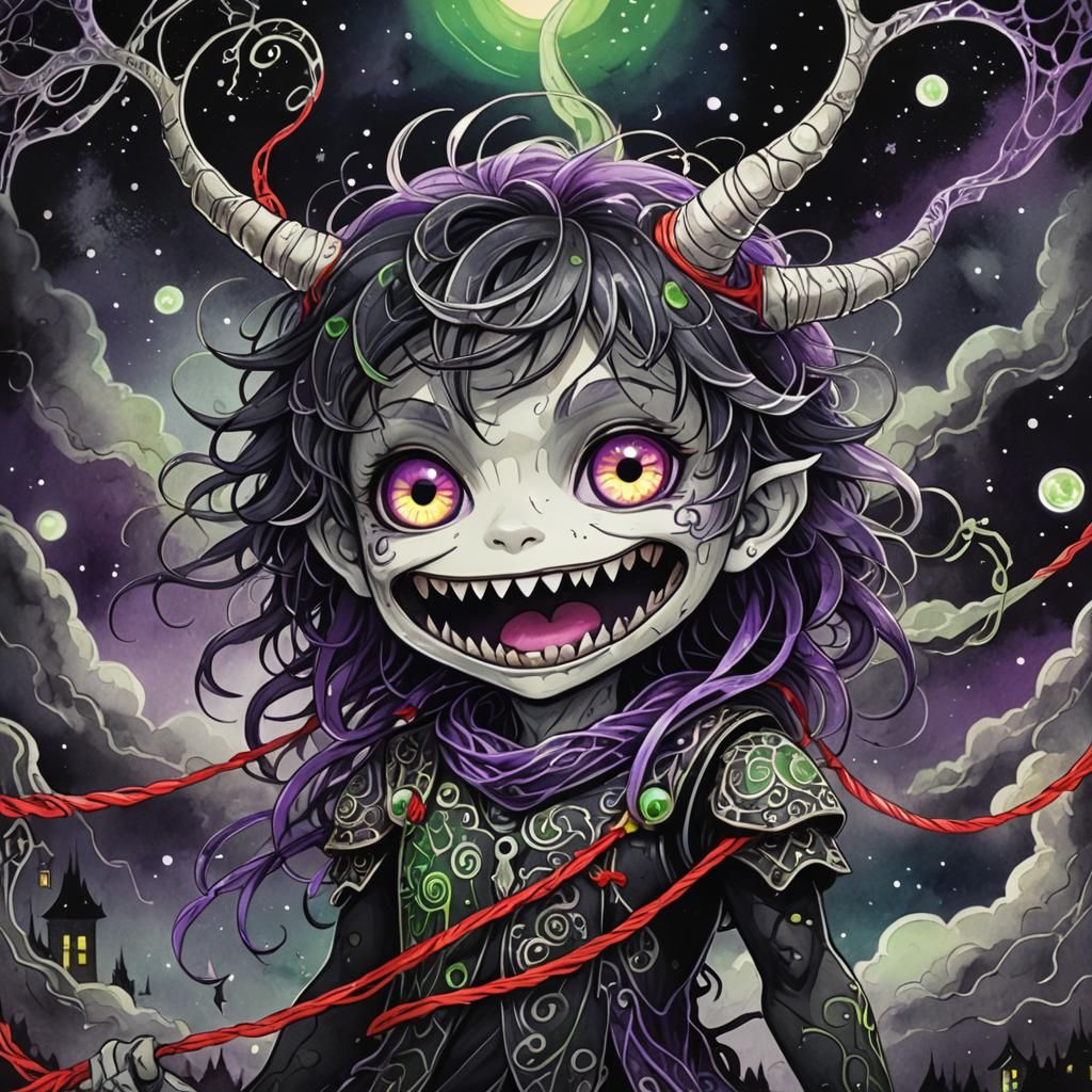 Dark Fantasy Anime: Smiling Chibi Monster in Ink Wash