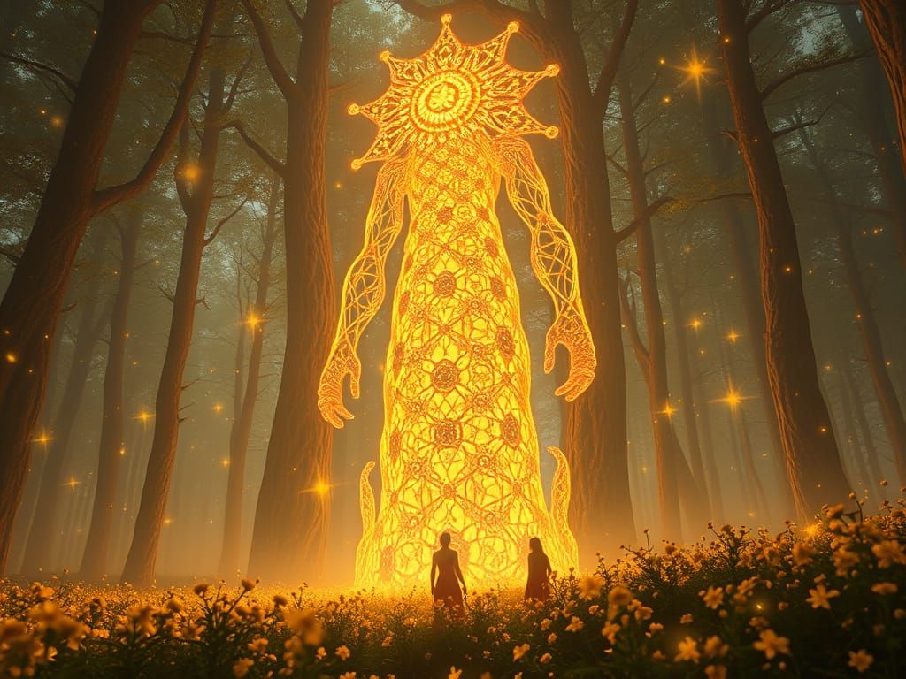 Woven Light Being Emerges from Glowing Forest