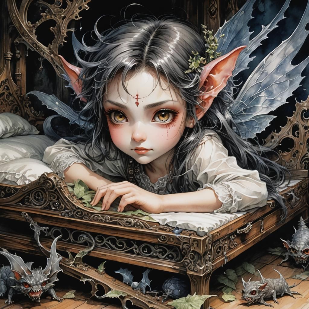 Demon-Fairy Hiding: Watercolor Manga Horror Style