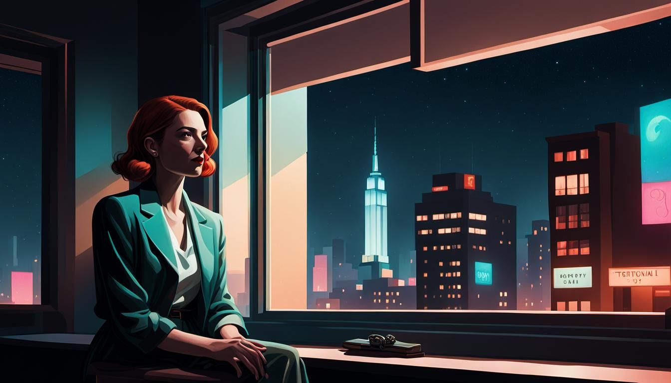 Edward Hopper Style: Woman at Window, City Lights
