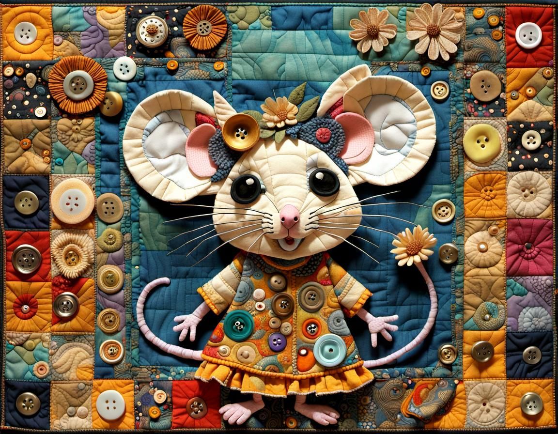 Chibi Mouse Quilt in Klimt-Inspired Mixed Media