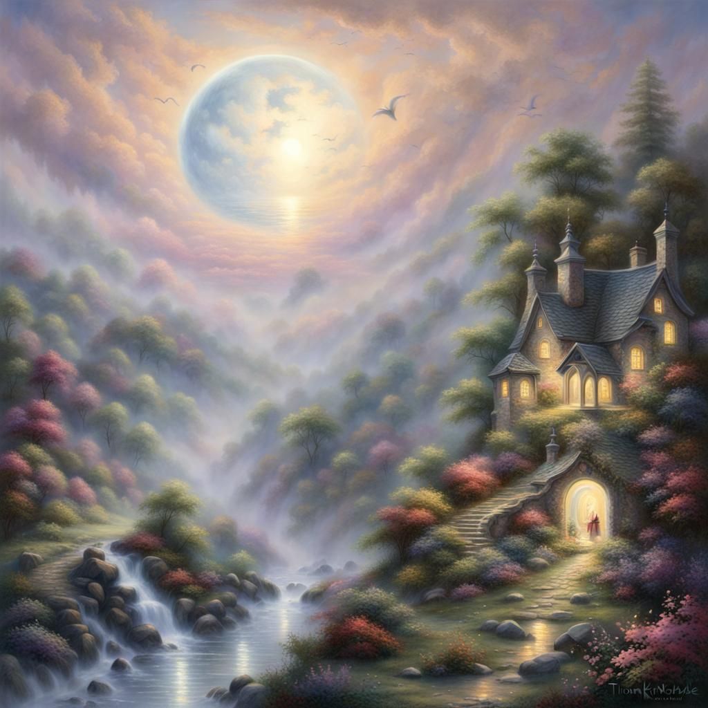 Ethereal Moonlit Scene in Kinkade Style