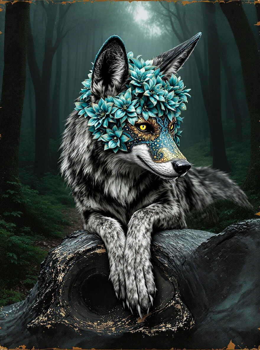 Masked Jackal Portrait with Teal Kintsugi and Neon Flowers