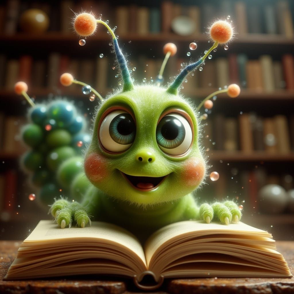 Joyful Caterpillar Reading Book in Whimsical Style