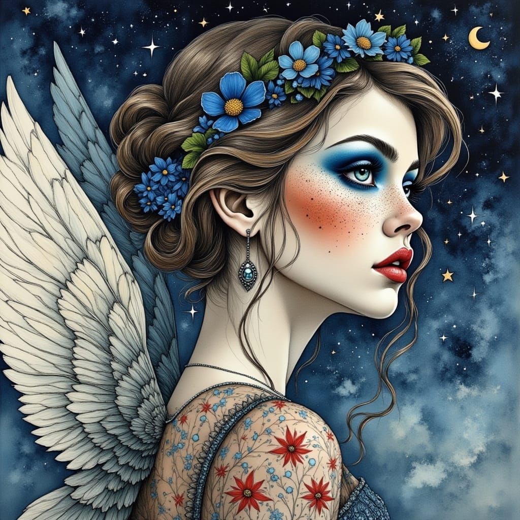 Angel With Floral Crown and Ethereal Wings